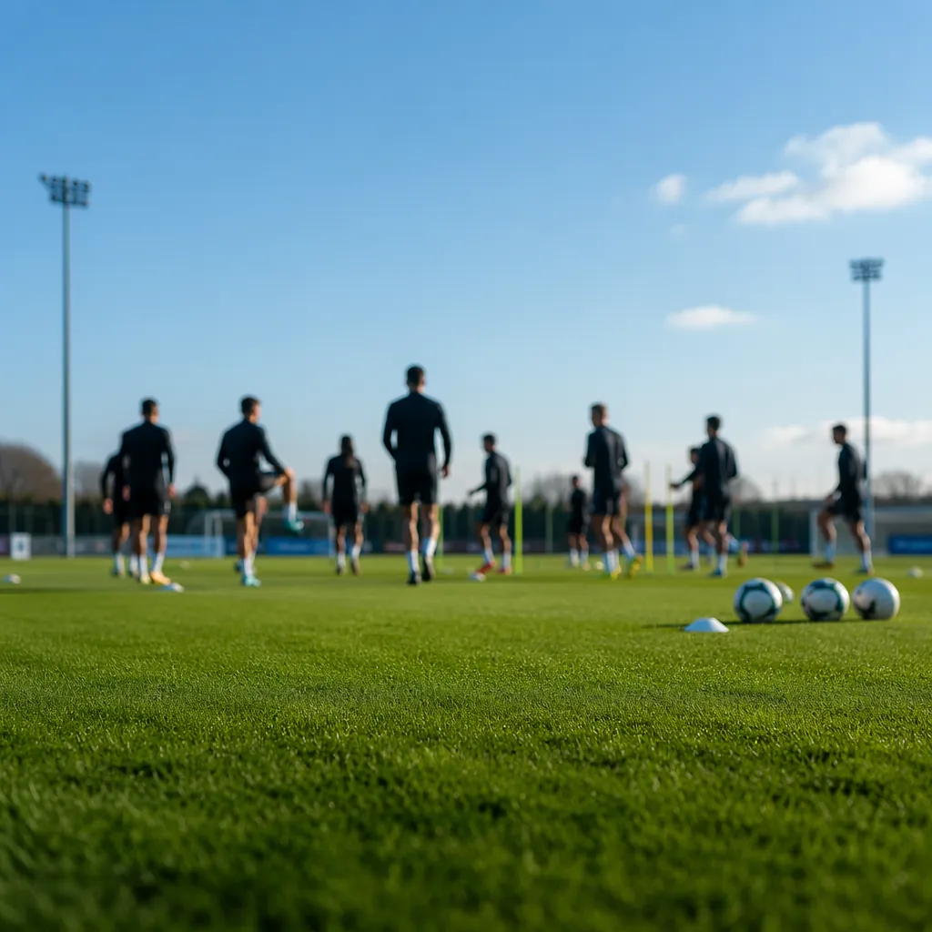 Wide shot of a football training ground with blurred silhouettes of players doin