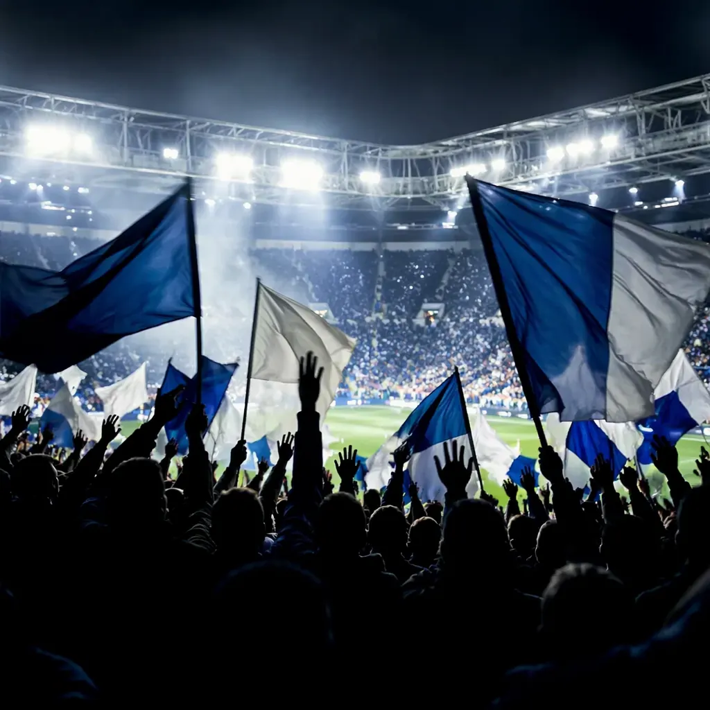 Silhouettes of football fans waving blue and white flags in a stadium stand, bri
