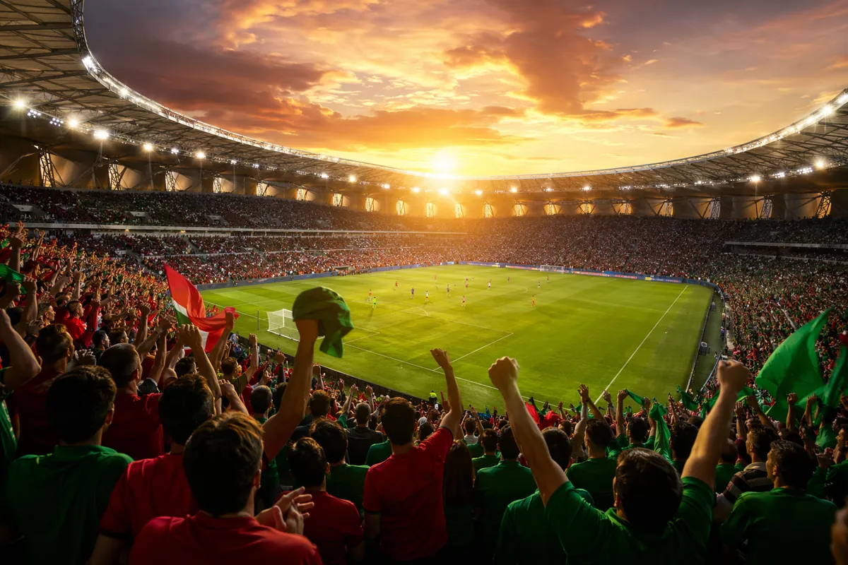 Professional sports news header image, wide shot of a modern soccer stadium during golden