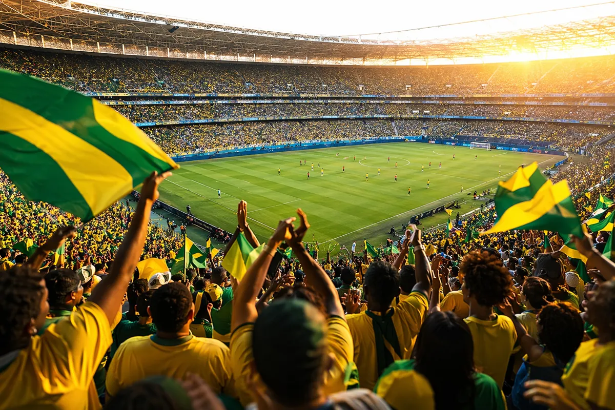 Editorial news feature image for World Cup content, panoramic view of a packed sunlit foot
