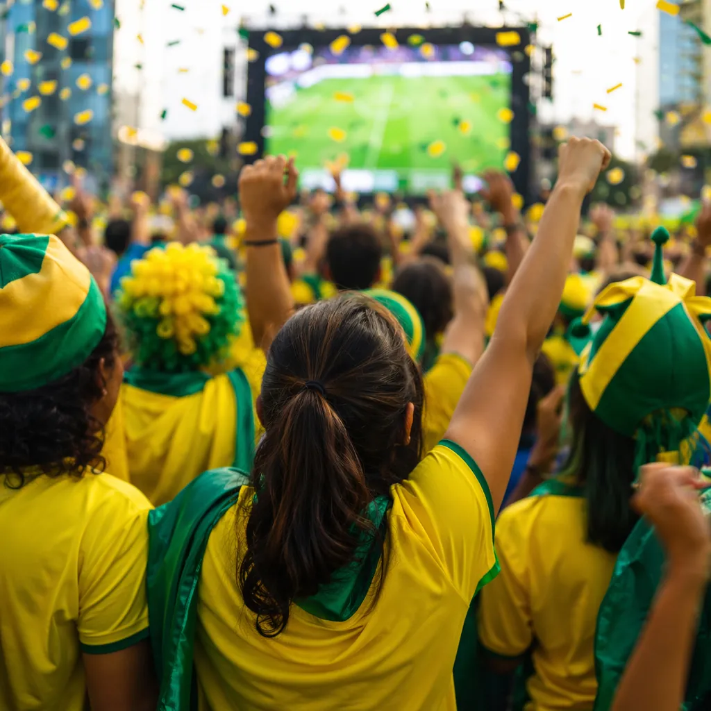 A group of anonymous football fans wearing yellow and green clothing, celebratin