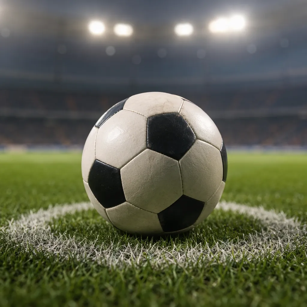 Close-up shot of a traditional football resting on the center spot of a well-mai