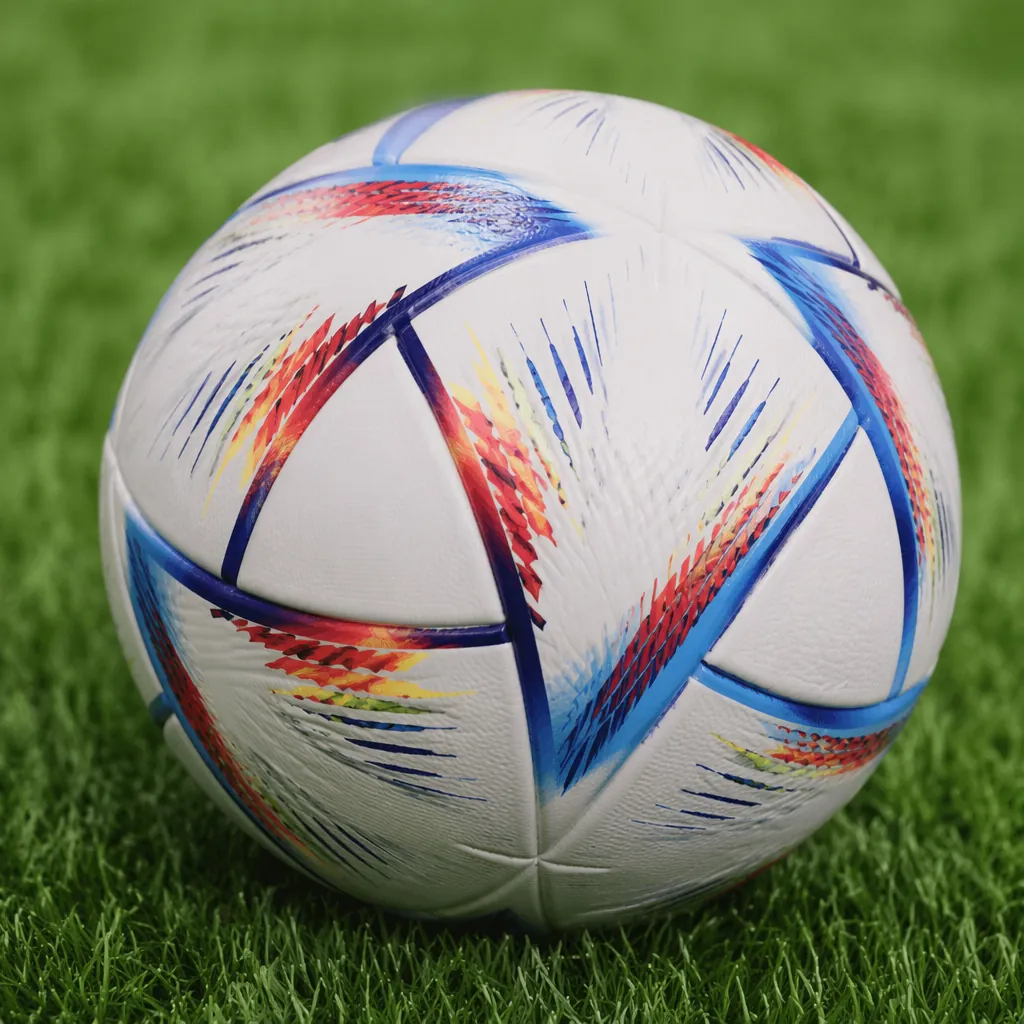Close up of official World Cup match ball resting on green grass, soft natural l