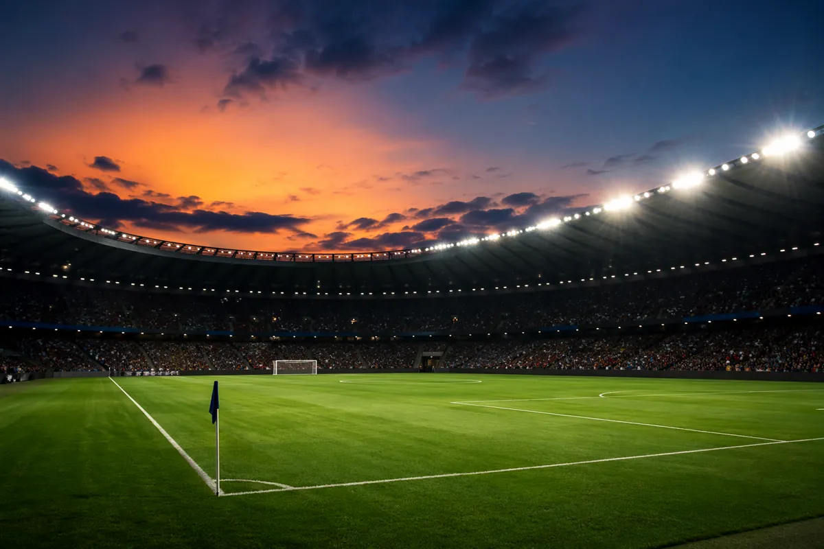 Wide shot of a well-maintained green soccer pitch at dusk, with blurred silhouettes of fan