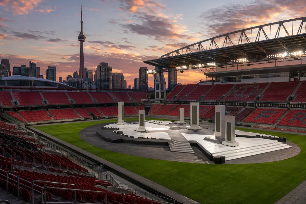 Wide shot of a modern soccer stadium in Toronto at dusk, bright stadium floodlights, empty