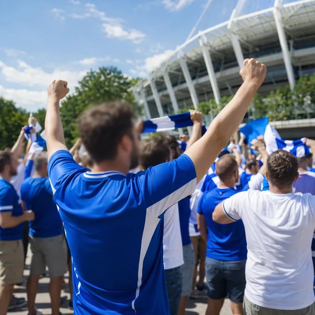 Wide shot of generic soccer fans wearing unbranded jerseys cheering outside a st