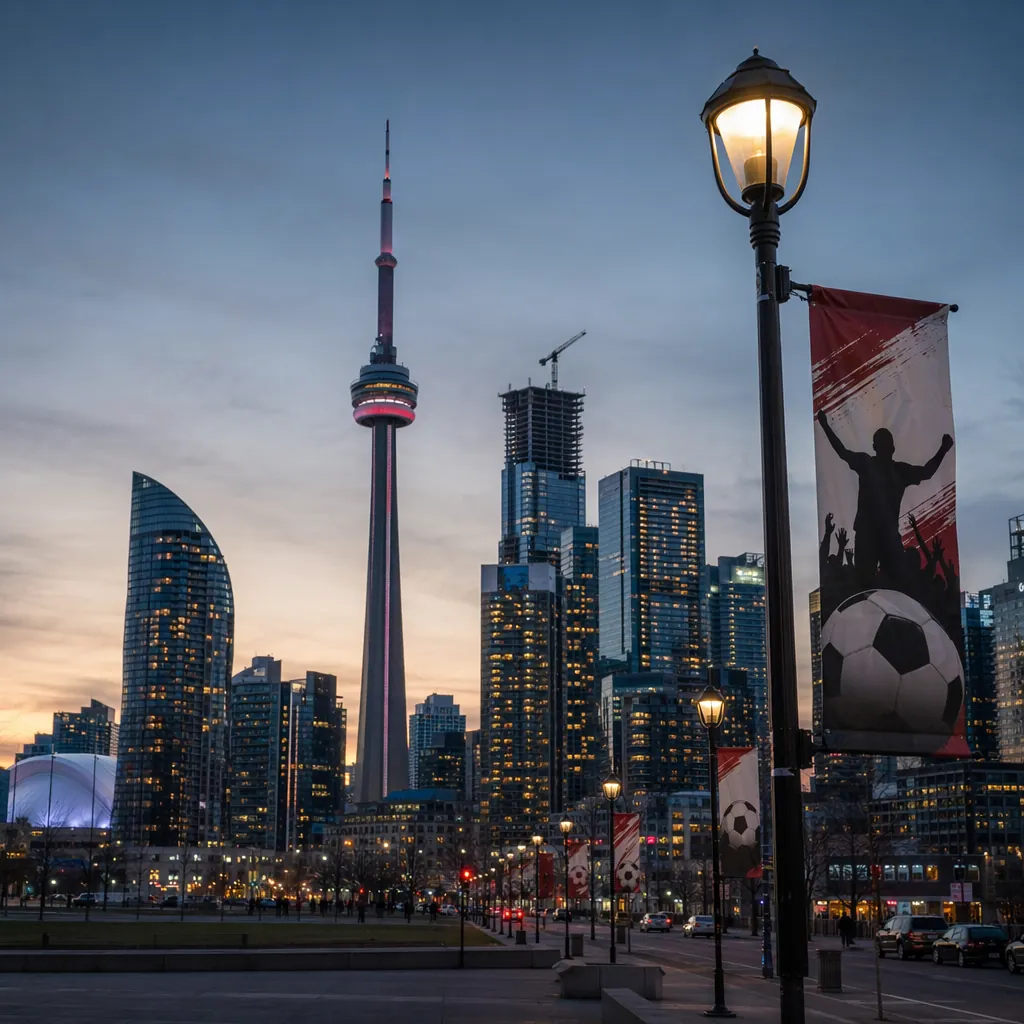 Wide shot of downtown Toronto skyline at dusk, with generic soccer fan banners h