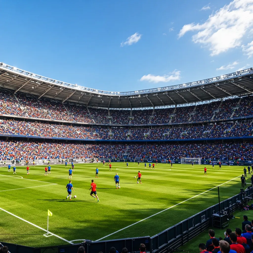 Wide shot of a football stadium during warm-up match, players in generic blue an