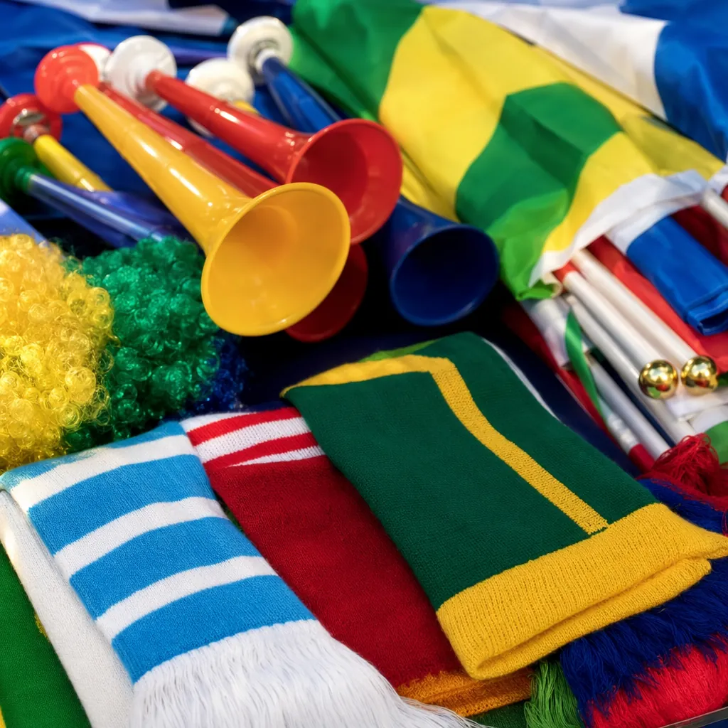 Close up of assorted World Cup fan merchandise like scarves, horns, and flags la