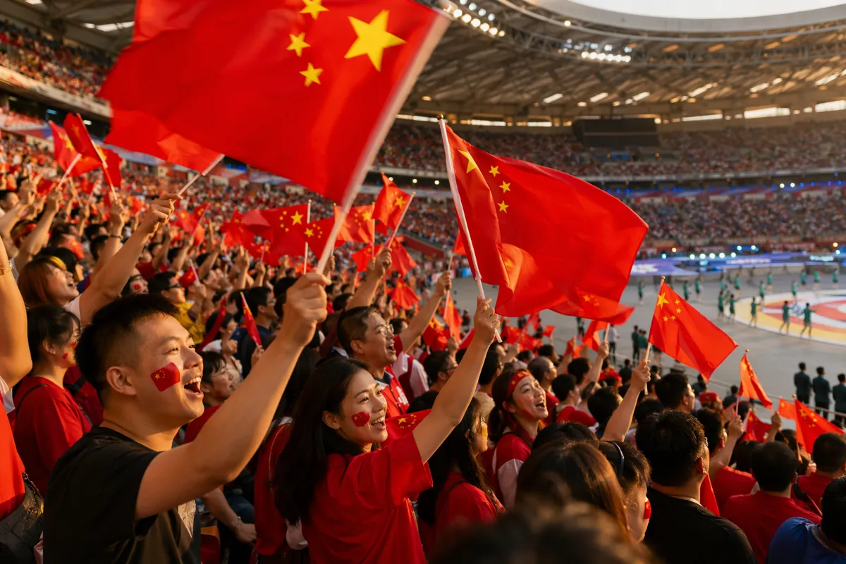 Wide shot of excited Chinese fans waving national flags in crowded World Cup stadium stand