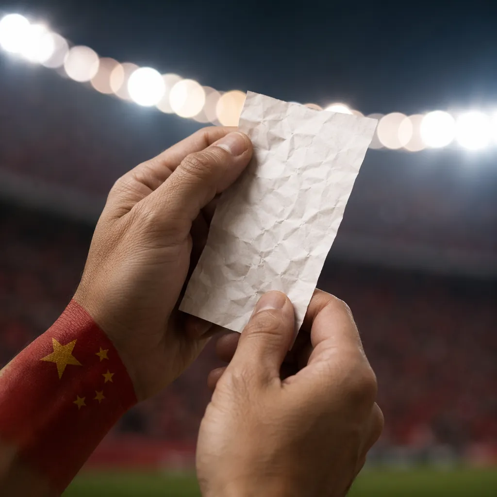 Close up of hands holding a crumpled unbranded football match ticket, red Chines