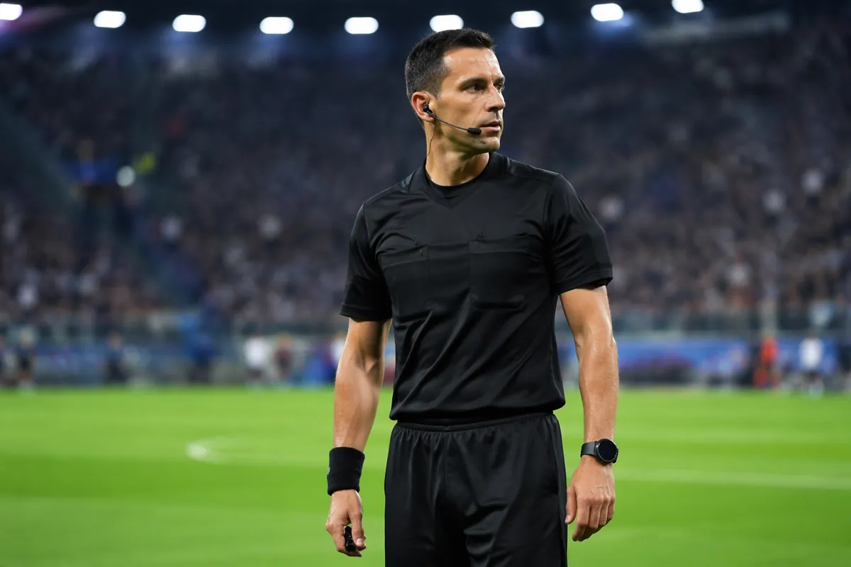 Professional soccer referee in black uniform standing on green football field, bright stad
