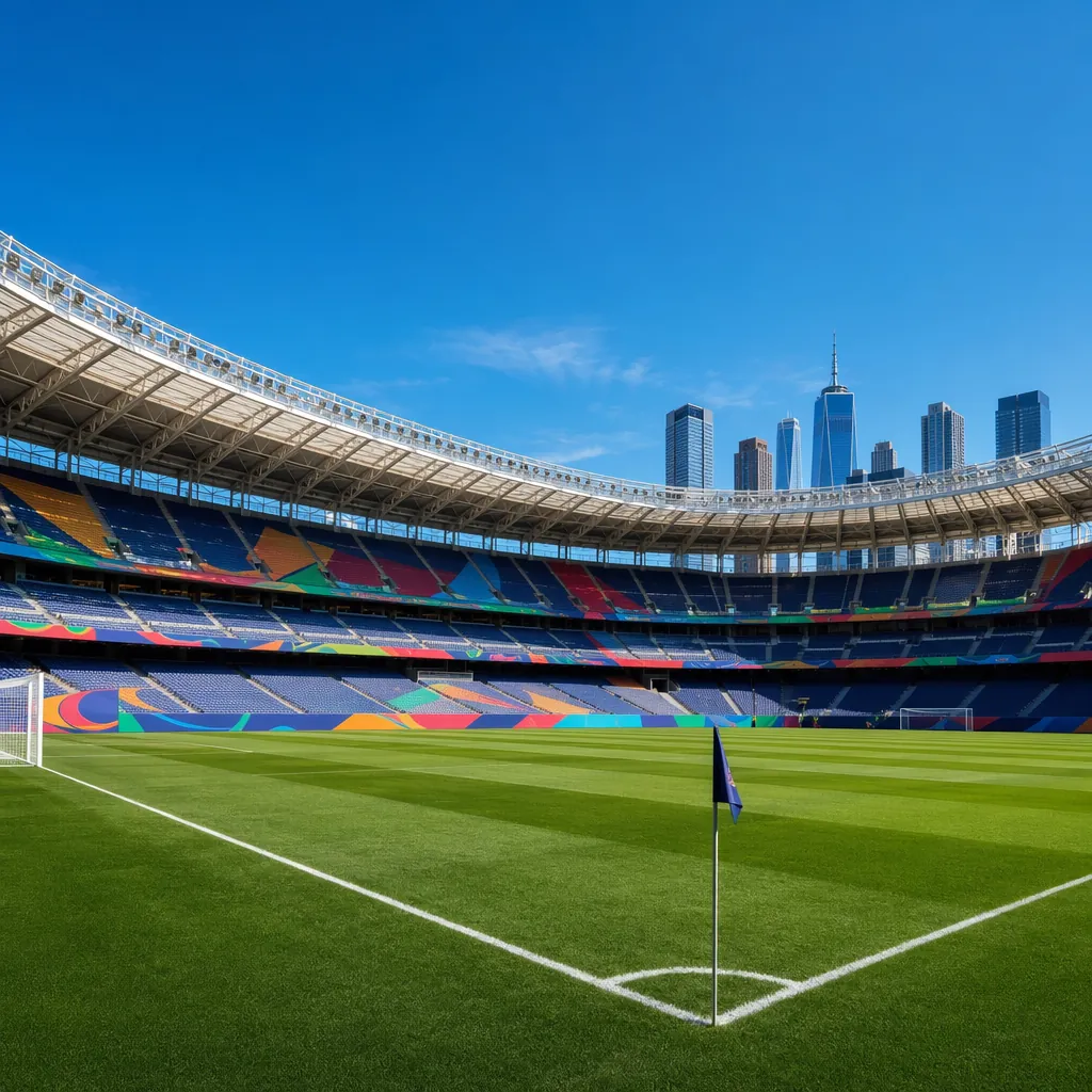 Wide shot of a modern World Cup football stadium in New York, clear blue sky, we
