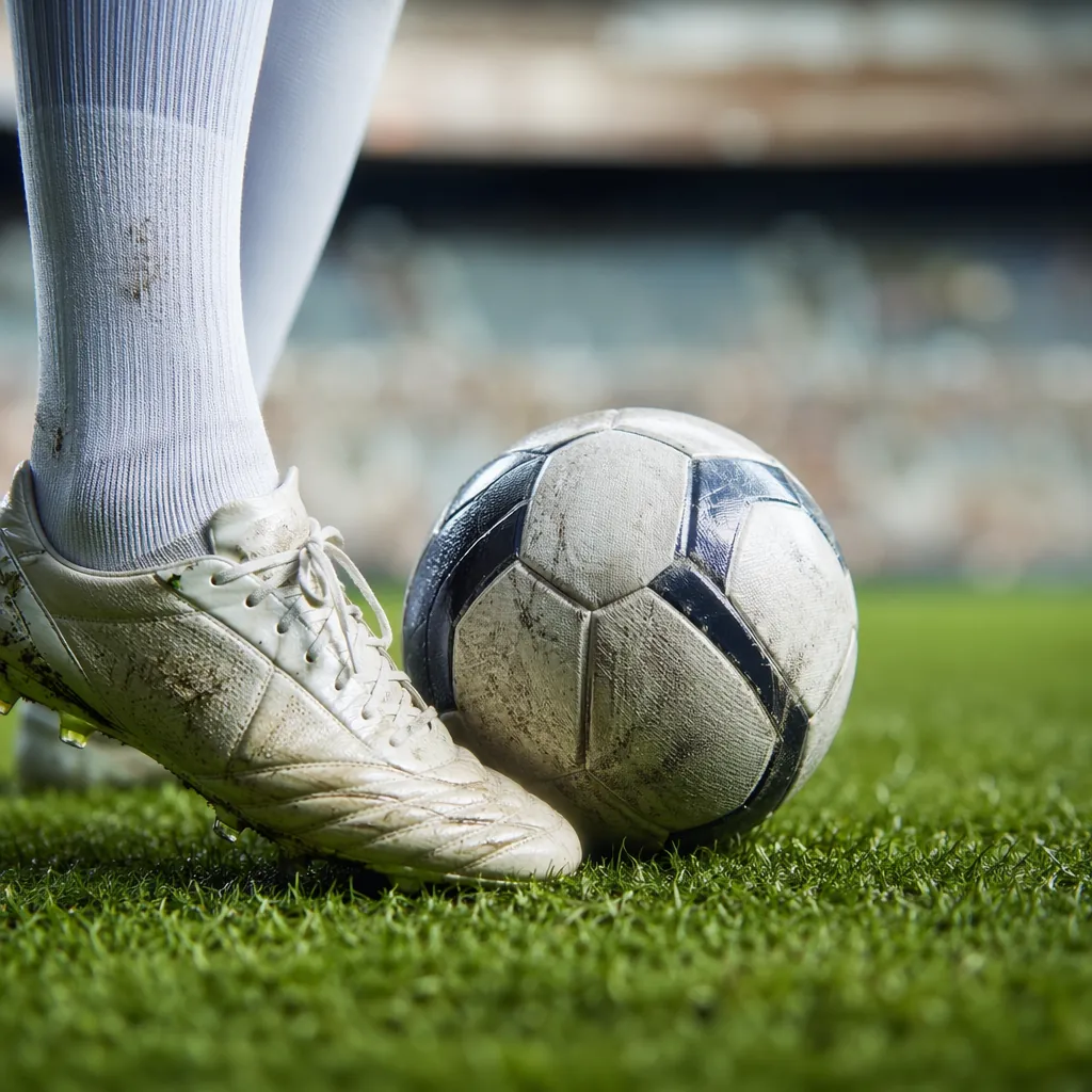 Close up of football boots and a match ball on a green grass pitch, stadium blur