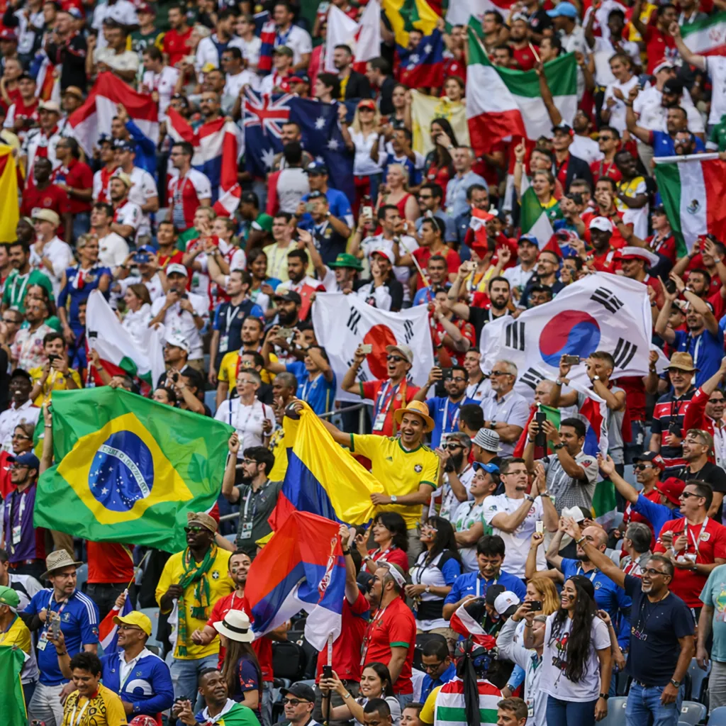Wide shot of diverse football fans waving national flags in a stadium stand, col