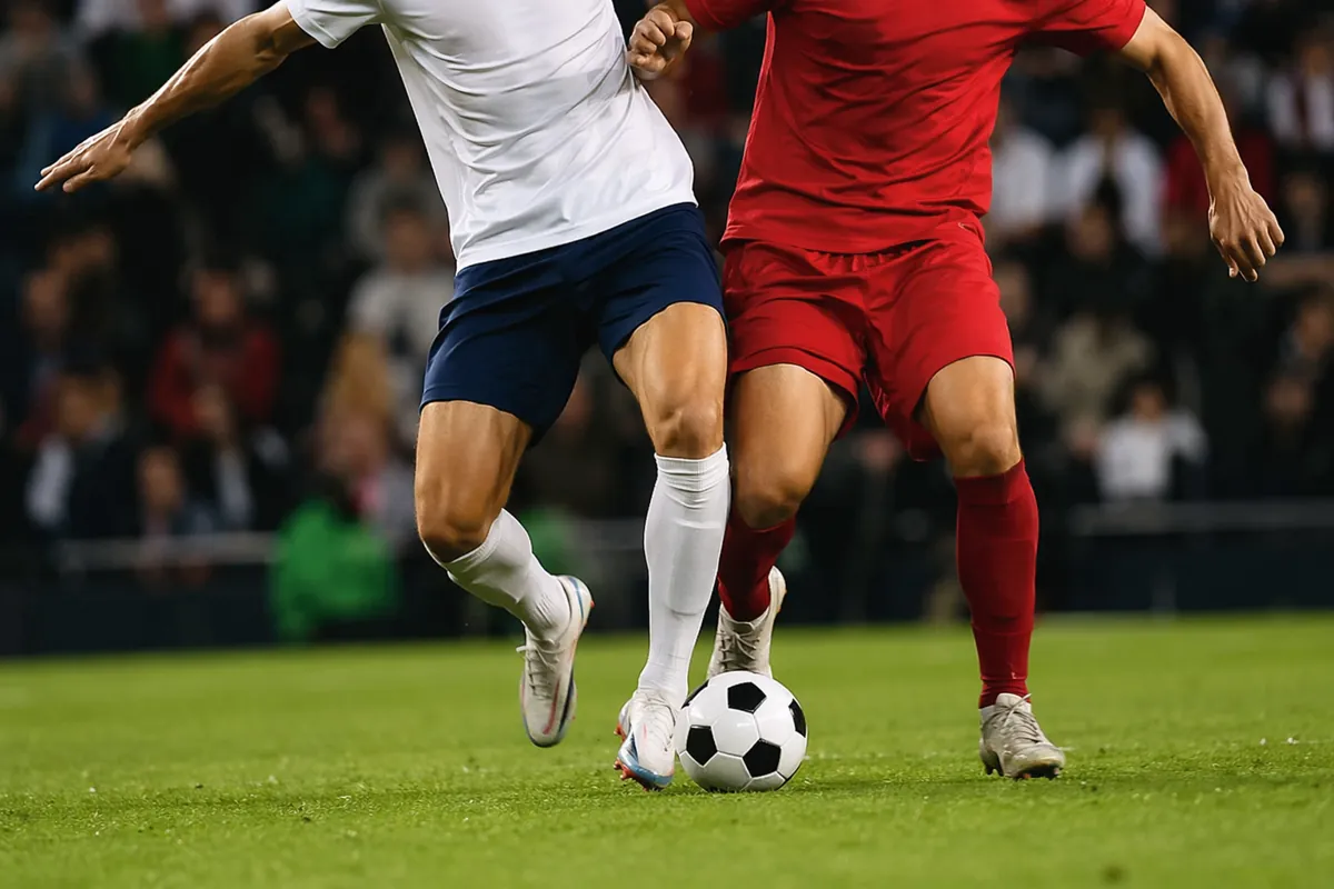 Professional football match action scene, two unidentifiable players in generic unbranded