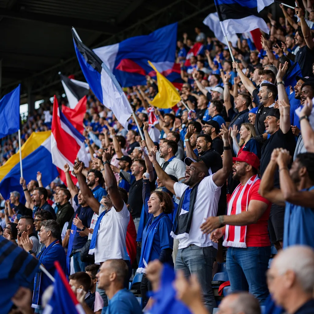 Wide shot of diverse football fans cheering in a stadium stands, holding generic