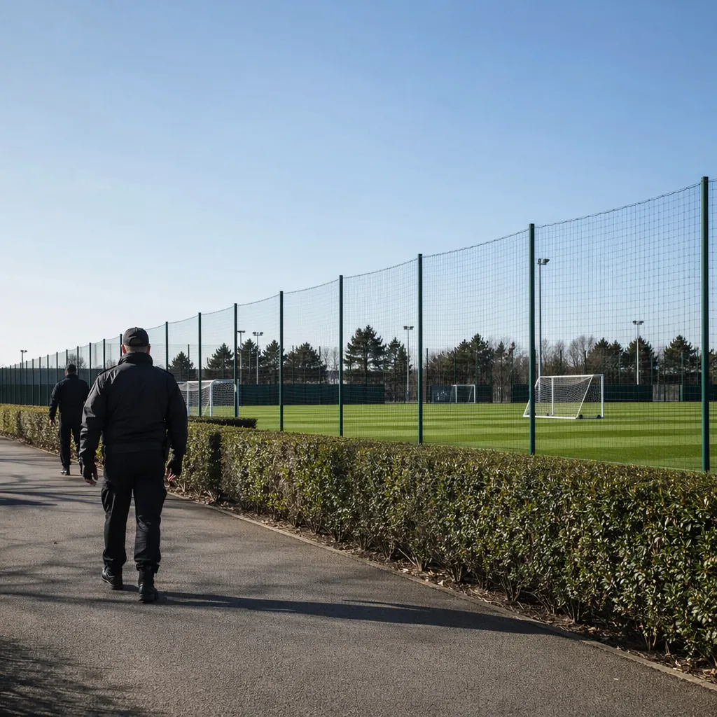 Empty outdoor football training ground with security guards patrolling, clear we