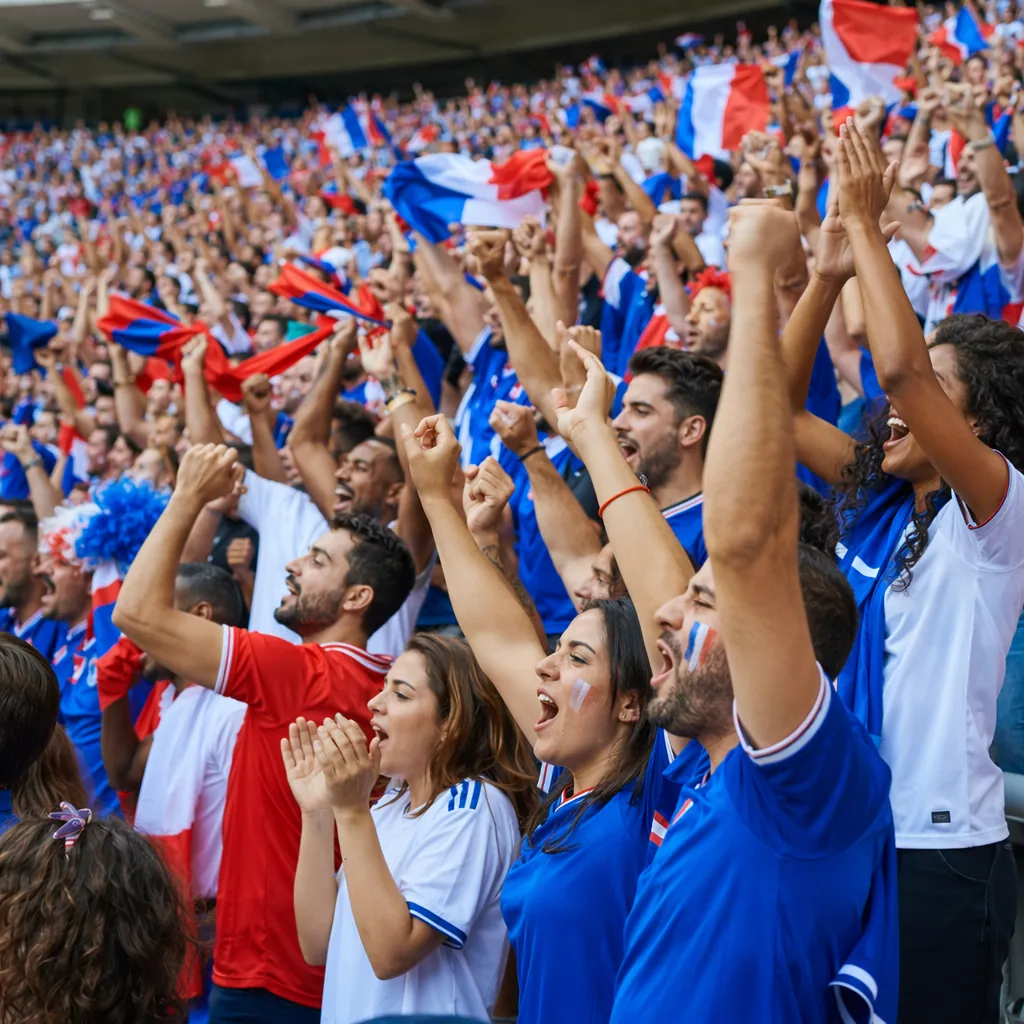 Wide shot of football fans wearing generic national team jerseys cheering in a s