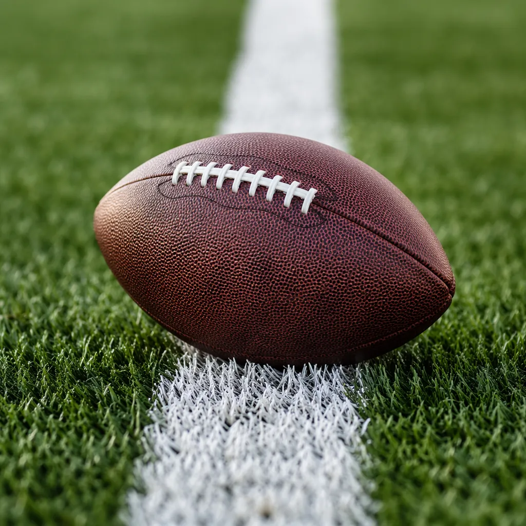 Close-up shot of a generic football resting on the white center line of a well-m