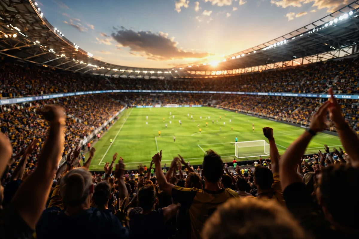 Wide shot of a professional soccer stadium during a match, blurred players in action on th
