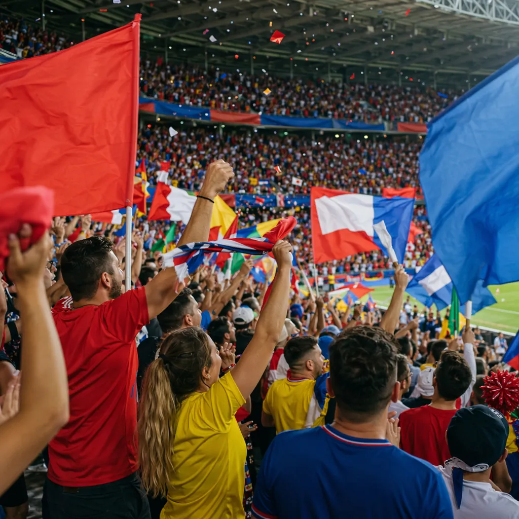 Wide shot of soccer fans cheering in a stadium, holding colorful flags, no text