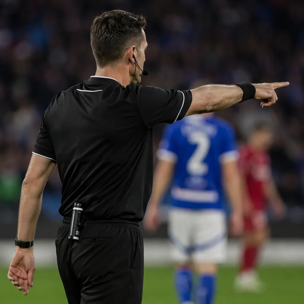 Close-up of a referee in black uniform pointing to the penalty spot during a soc