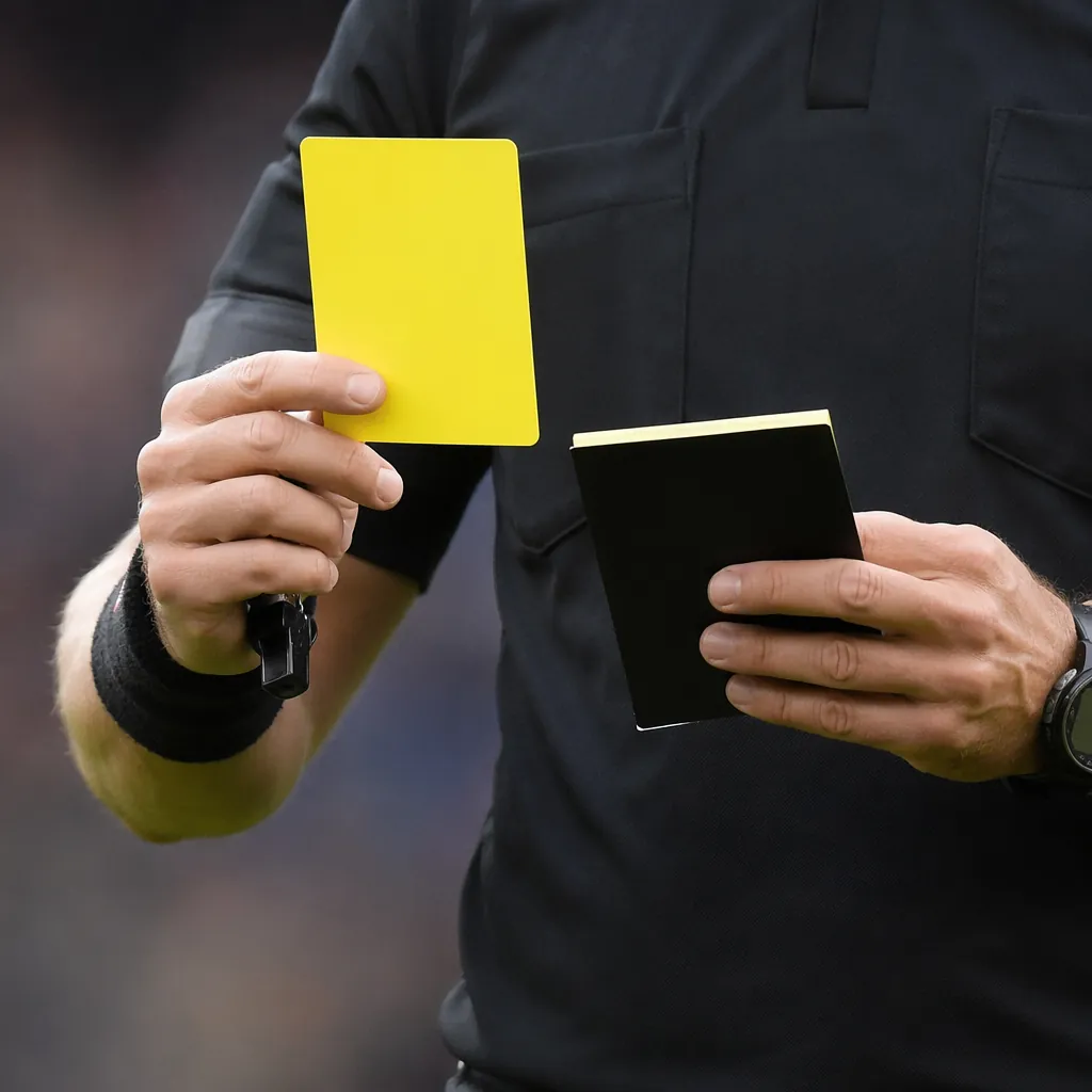 Close-up of a football disciplinary official holding a formal notice, blurred ba