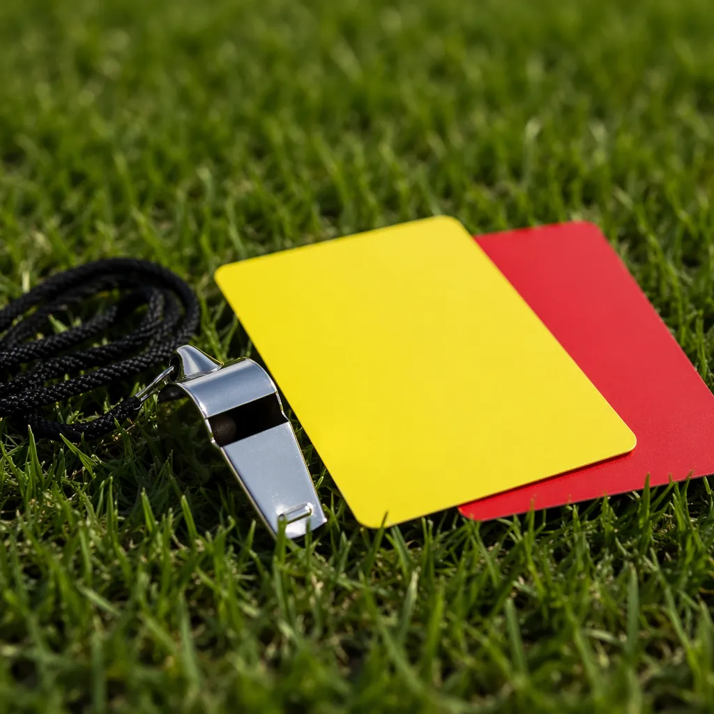 Close-up shot of a referee's whistle, yellow card and red card placed on fresh g