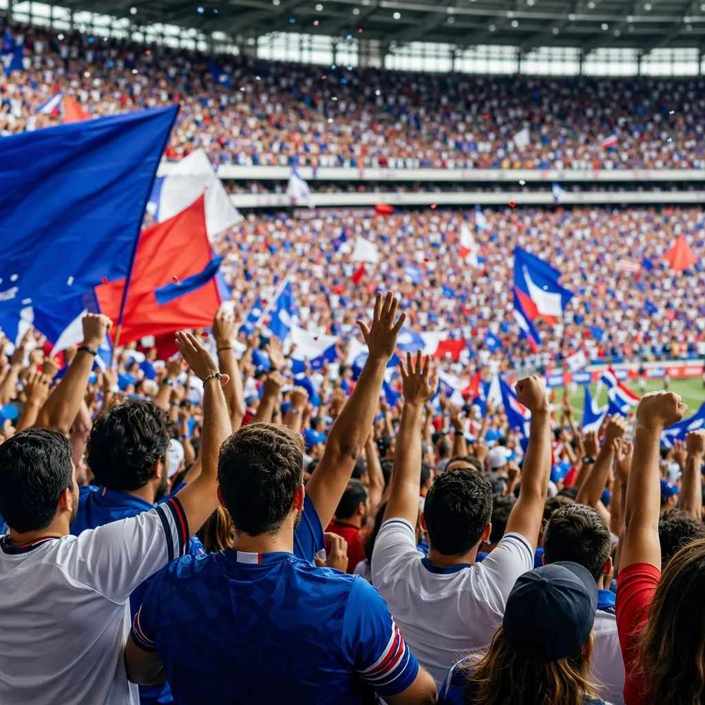 Wide shot of fans in a stadium wearing team jerseys, cheering with raised hands,