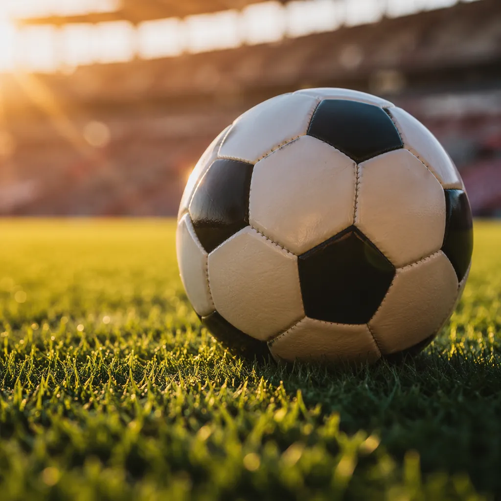 Close up of a soccer ball resting on green grass pitch, blurred background of st