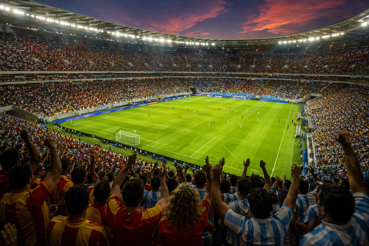 Wide shot of a vibrant World Cup football stadium at dusk, filled with cheering fans weari