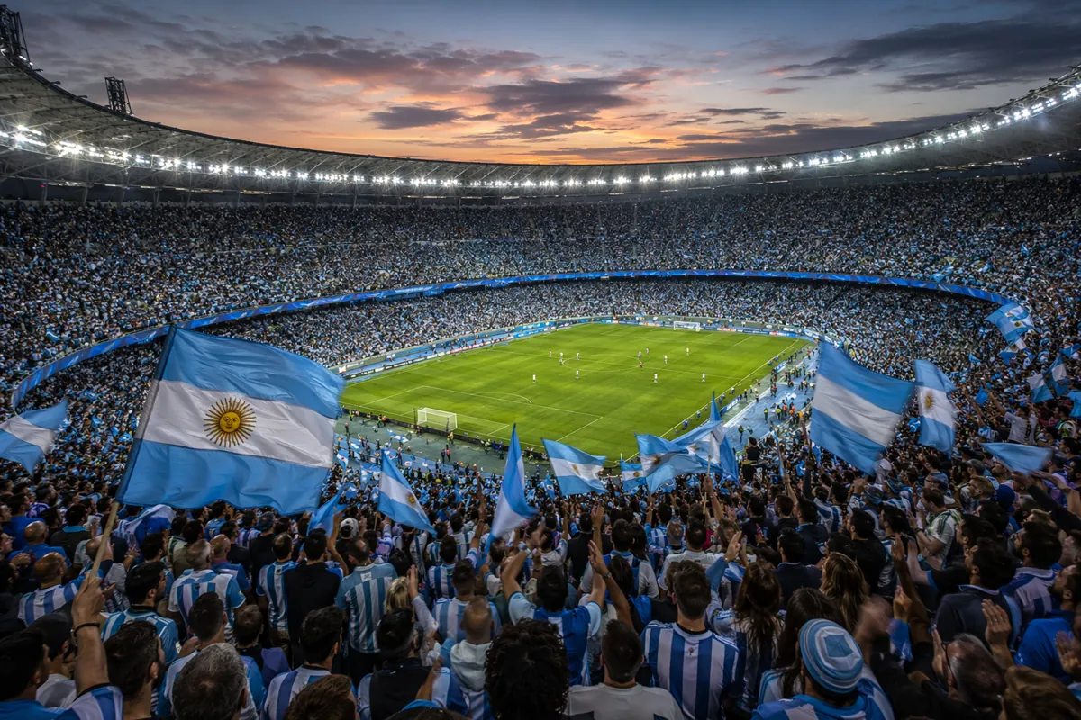Panoramic view of a packed World Cup football stadium at dusk, blue and white Argentina fl