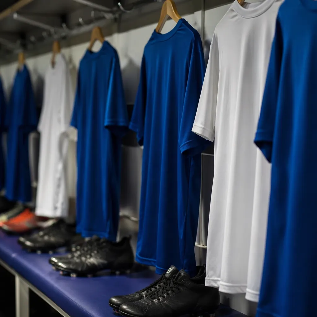 Close up of blue and white football jerseys hanging in a team locker room, footb