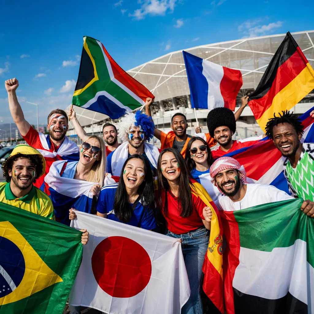 Wide shot of diverse football fans from different countries holding national fla