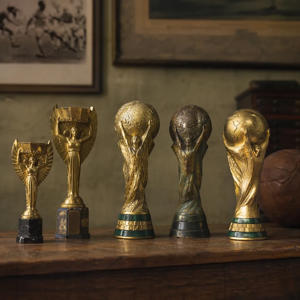 Vintage collection of World Cup trophy replicas from different historical period