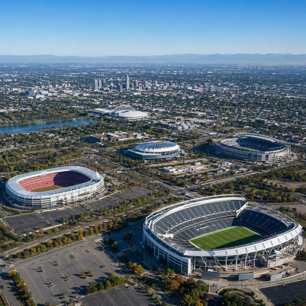 Aerial shot of multiple modern football stadiums across North America, clear blu