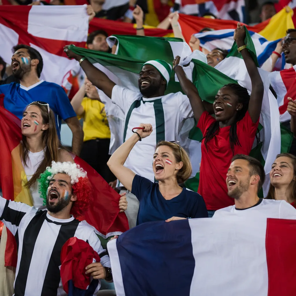 Diverse group of football fans waving generic national flags, cheering in stadiu