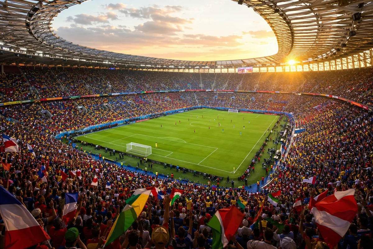 Wide shot of a packed modern FIFA World Cup stadium at golden hour, with green soccer pitc