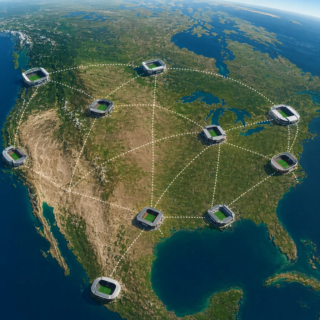 Aerial view of multiple soccer stadiums across North American cities, connected