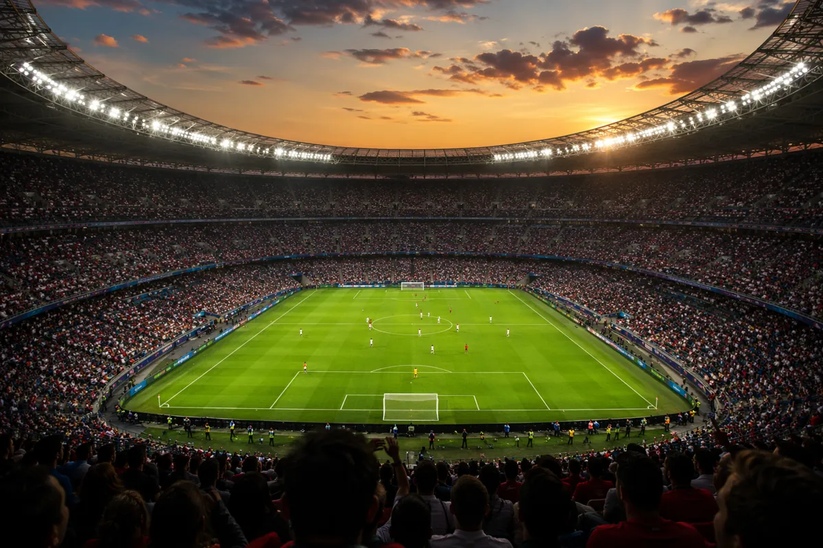 Wide shot of a modern FIFA World Cup soccer stadium at dusk, with bright floodlights illum