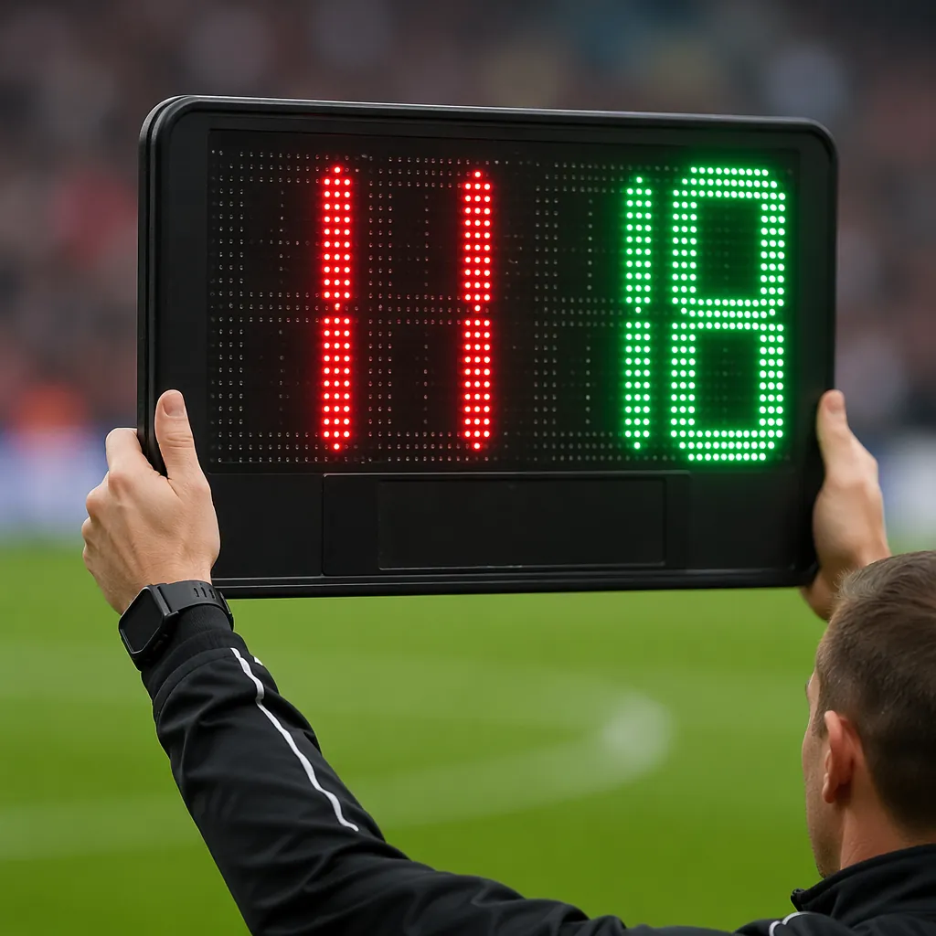 Close up of a fourth official holding a substitution board with number signs, bl