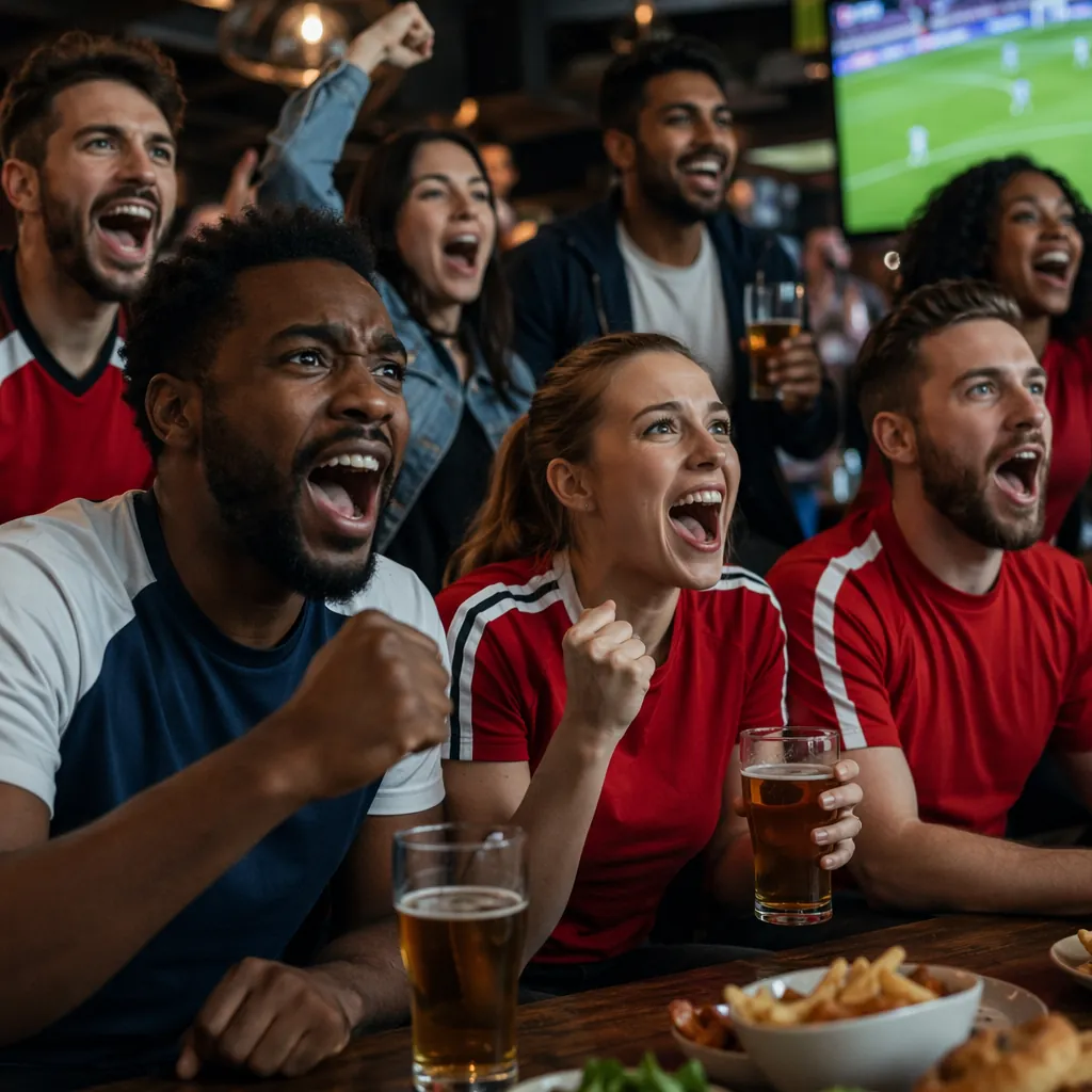 Group of diverse football fans watching a match in a sports bar, excited express