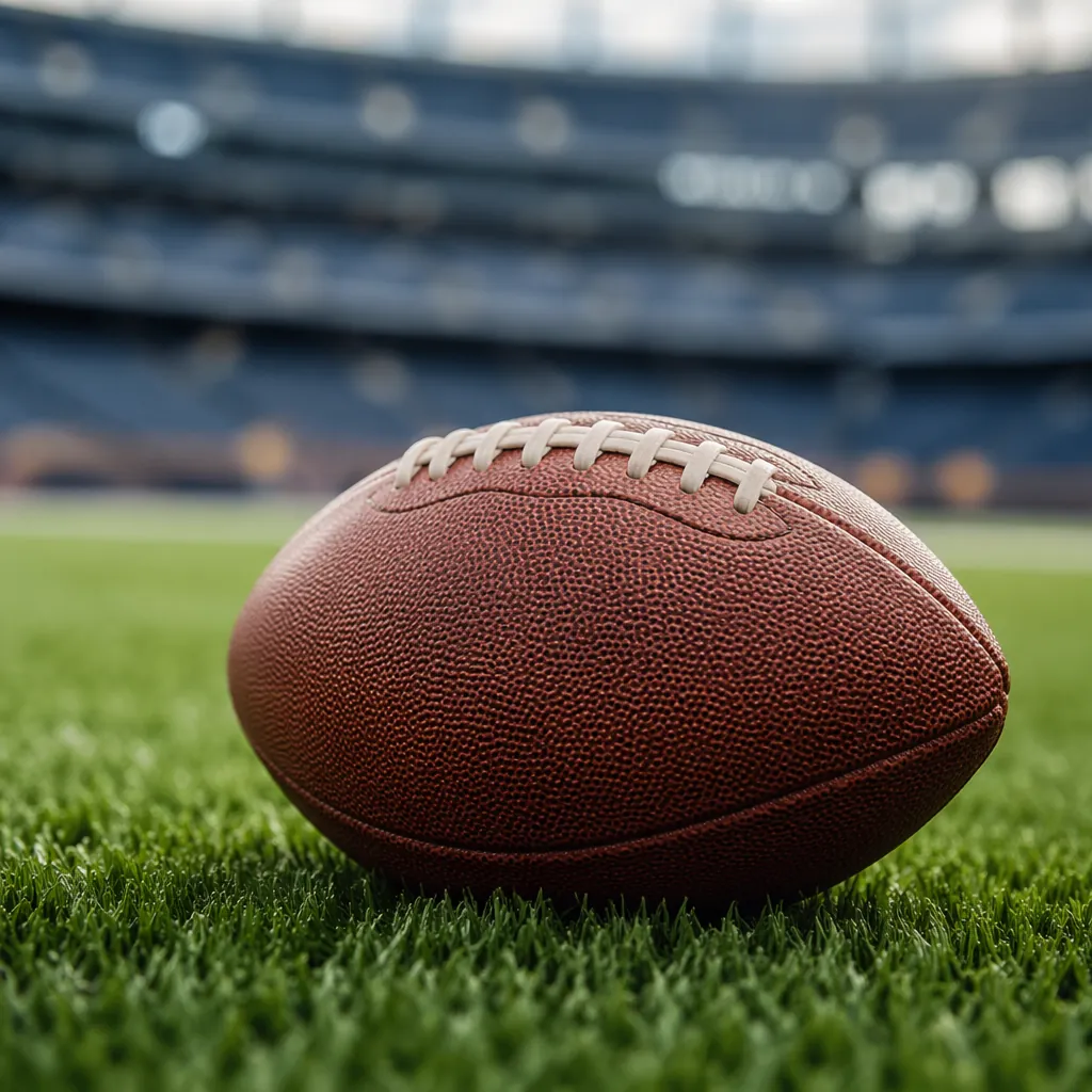 Close up shot of a generic football resting on a green pitch with blurred stadiu