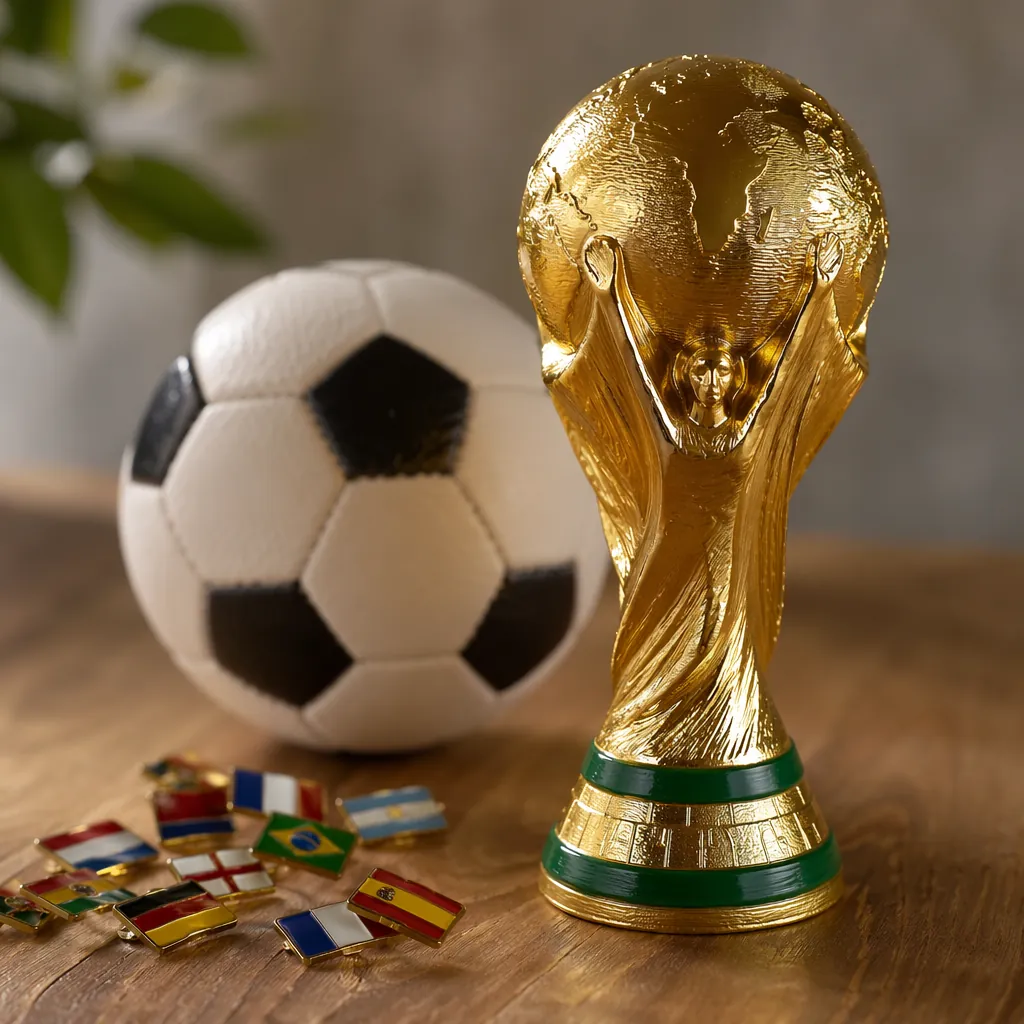 Close up of a golden world cup trophy replica on a wooden table, with a traditio