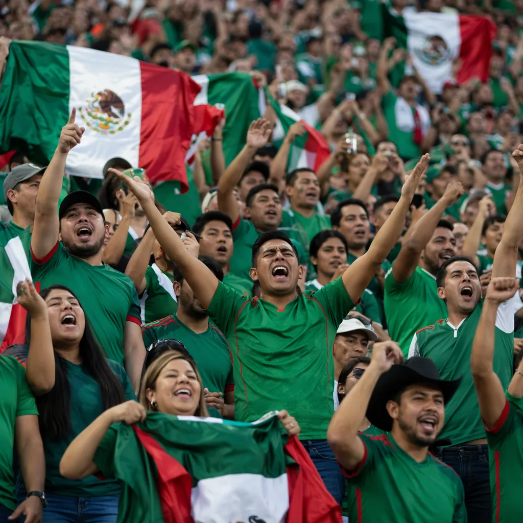 Wide shot of Mexican football fans cheering in stands, wearing green jerseys, no