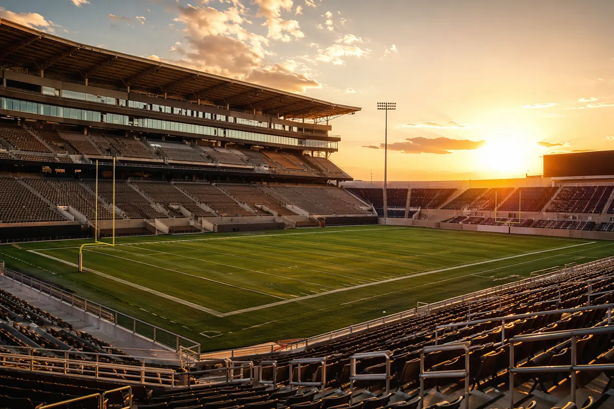 Professional sports news header image, wide shot of a modern American football stadium wit
