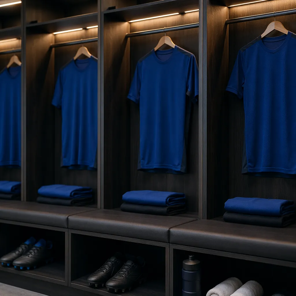 Close up shot of a generic football team locker room, with neatly arranged jerse