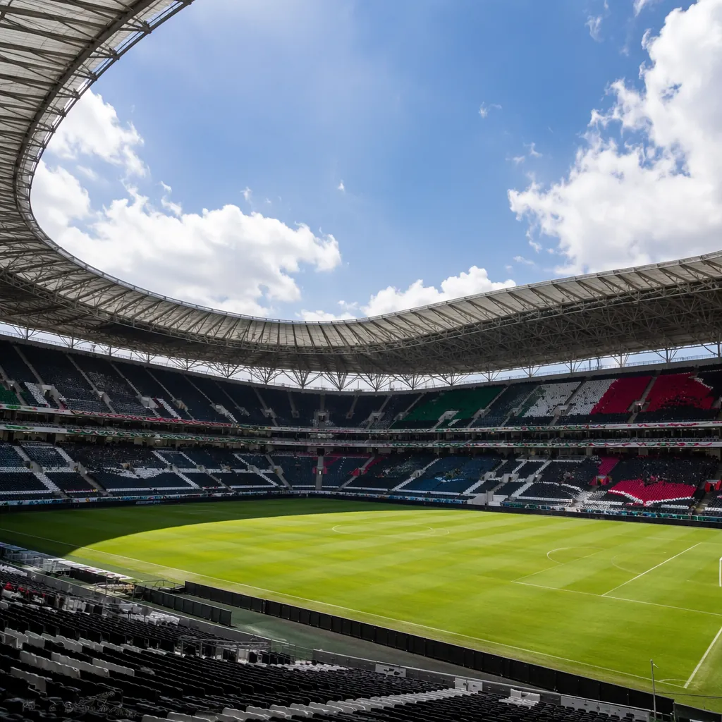 Editorial photograph of a large, modern World Cup stadium in Mexico, well-mainta