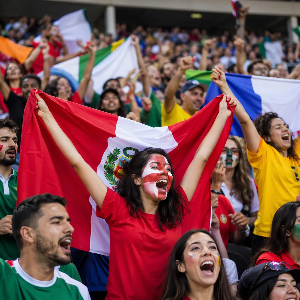 Editorial photograph of diverse football fans cheering in stadium stands, holdin